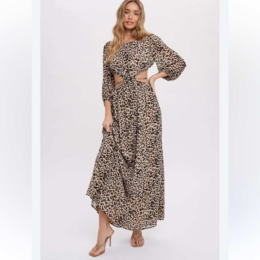Leopard Long Sleeve Cut Out Open Back Maxi Dress - Picture 2 of 15